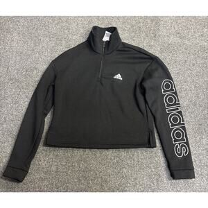 ADIDAS Womens Medium Black Cropped Logo Sleeve Sweatshirt Pullover 1/4 Zip